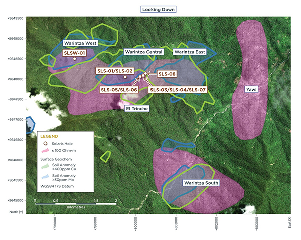 Plan View of Geophysics Overlayed with Drilling and Geochemistry